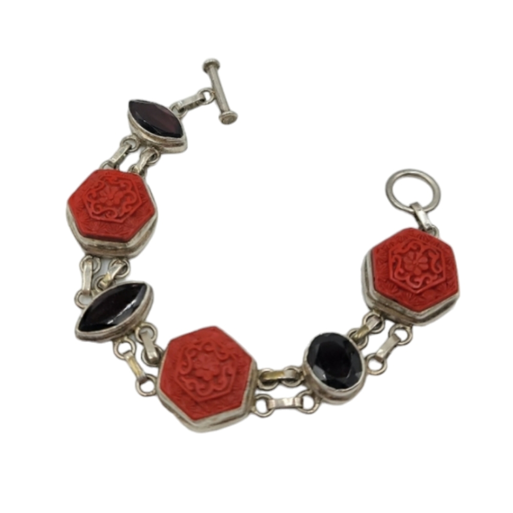 Vtg Sterling Cinnabar and Garnet Bracelet